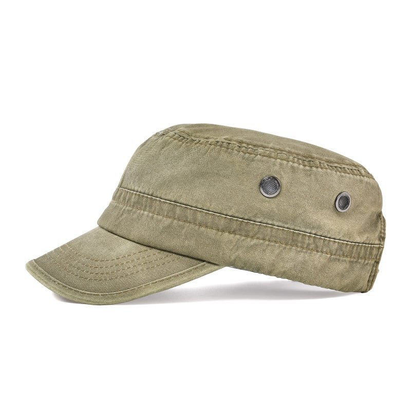 VOBOOM Washed Cotton Military Cadet Army Caps Unique Design Vintage Flat Top Hat (Khaki) - Image 3